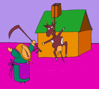 [Bilde: ku som henger ned fra taket.]