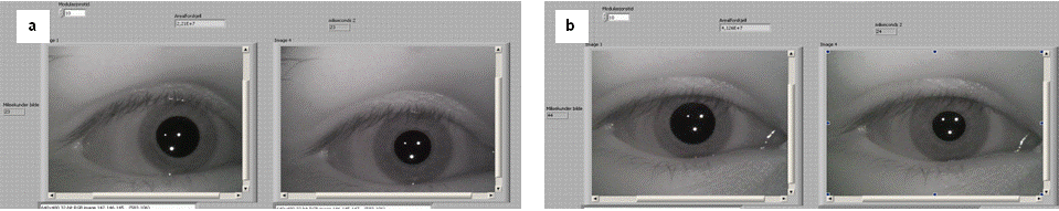 Eye stimulation within 10 seconds with blue color (430nm) and a modulation frequency of 25Hz at (a) 5.6 and (b) 20mcd each with its respected control at scotopic condition .
